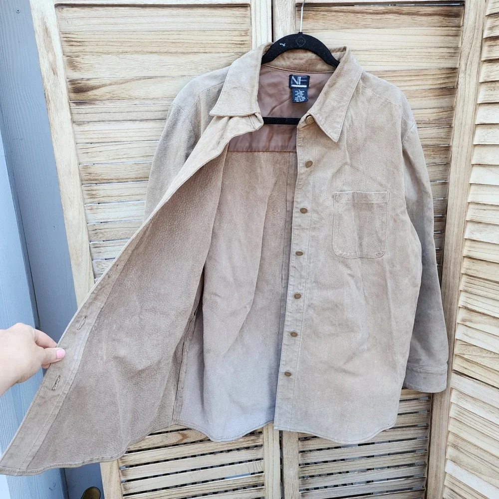 New Frontier Large Tan 100% Suede Leather Shirt Jacket Western Boho Minimalist